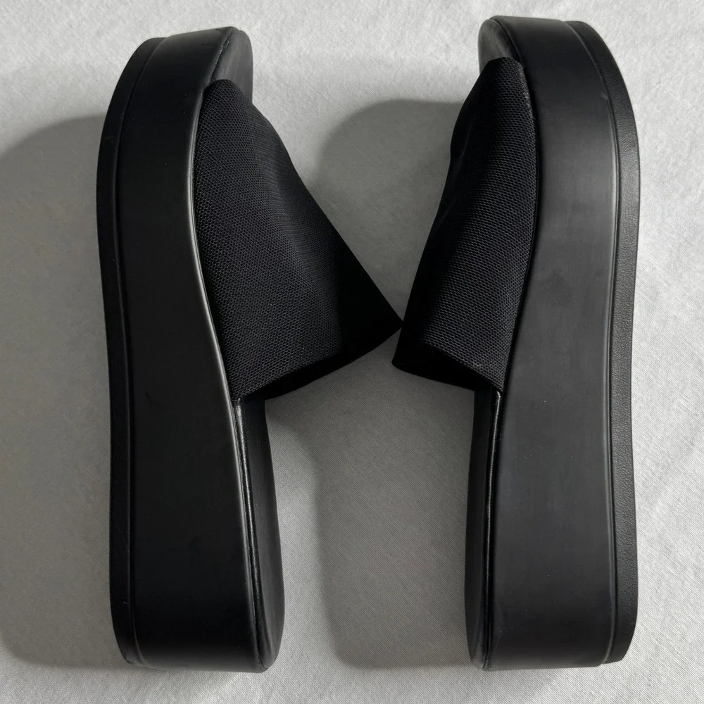 Womens Black Platform Slide Sandals Stretch Fabric Flatform Slip On Shoes Size 8